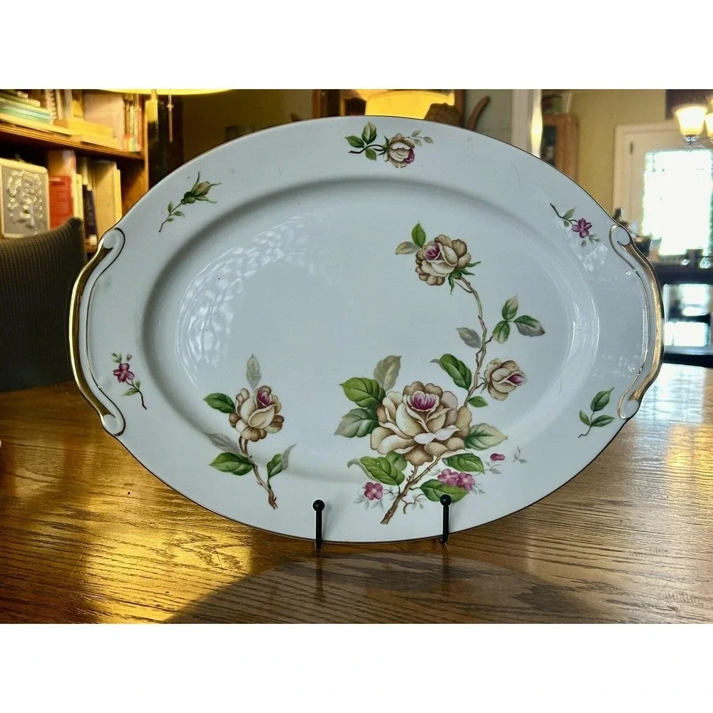 Vtg China Platter Gold Trim Oval Cottage core Grannycore Lynmore Golden Rose MCM